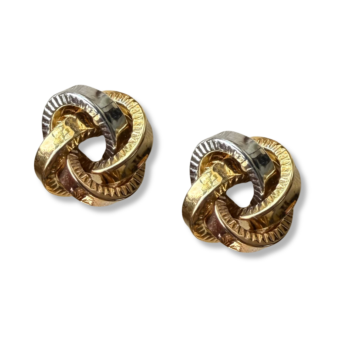 Aretes de nudo de 3 oros 18k con aros planos con textura