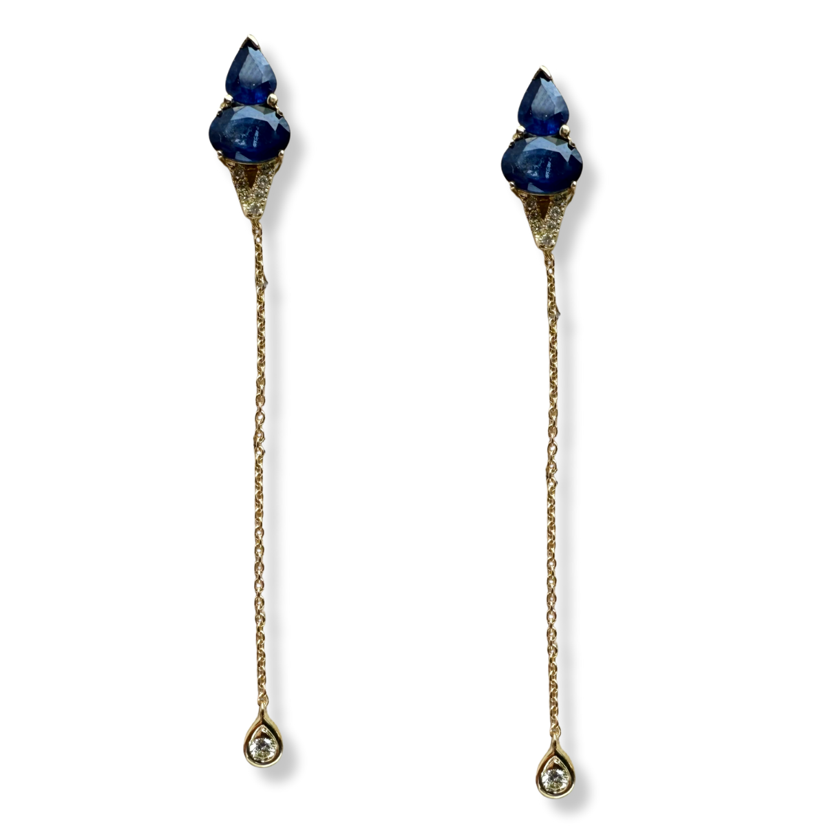 Aretes largos con cadenita de oro amarillo 10K con zafiros y diamantes 0.25ctw
