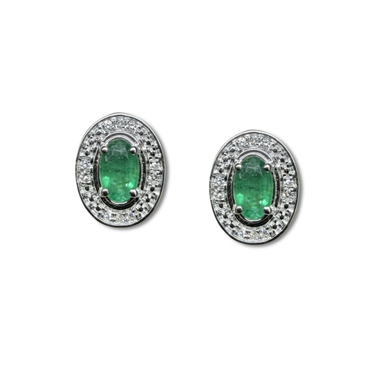 Aretes en oro blanco 10K con esmeralda ovalada y halo de diamantes 0.05ctw