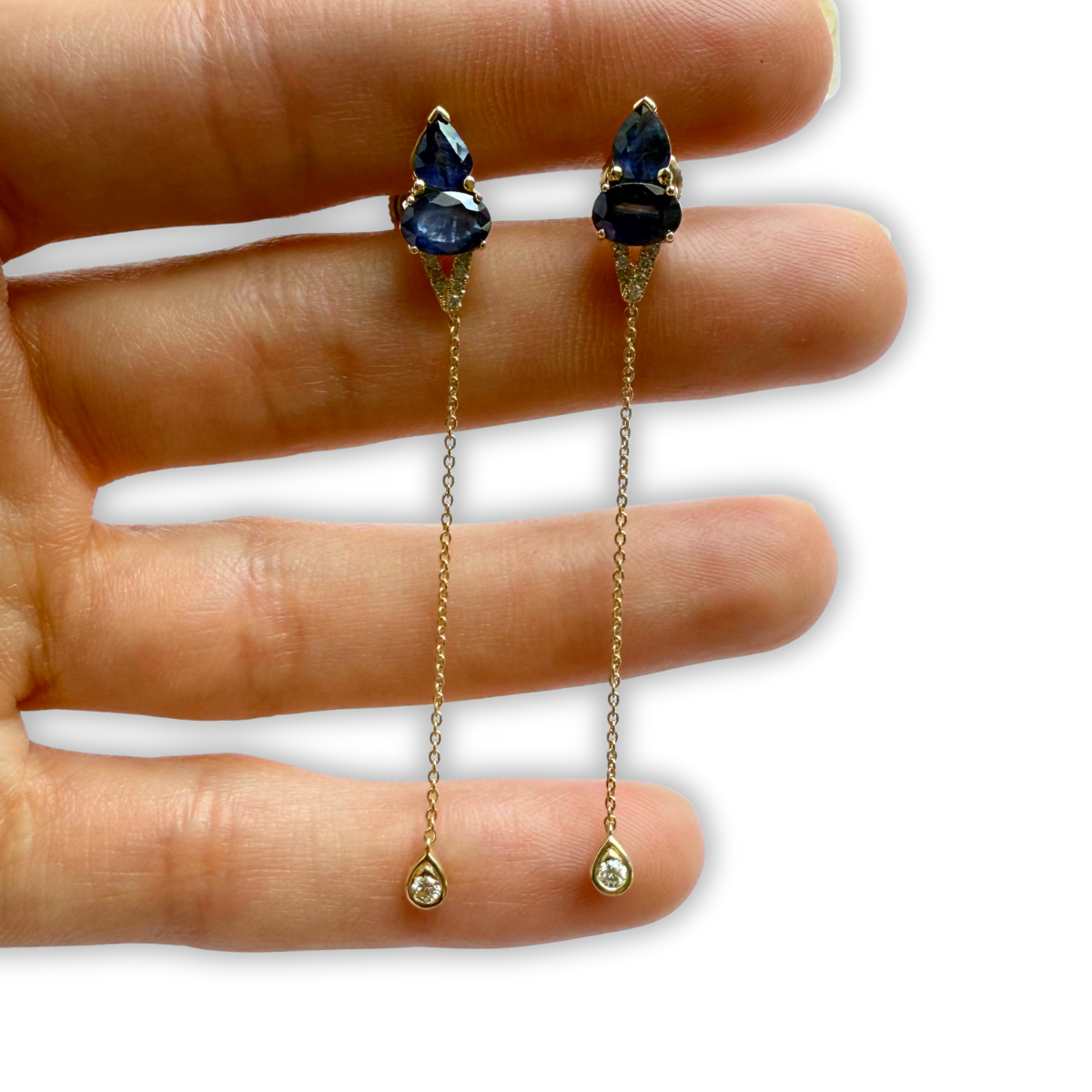 Aretes largos con cadenita de oro amarillo 10K con zafiros y diamantes 0.25ctw
