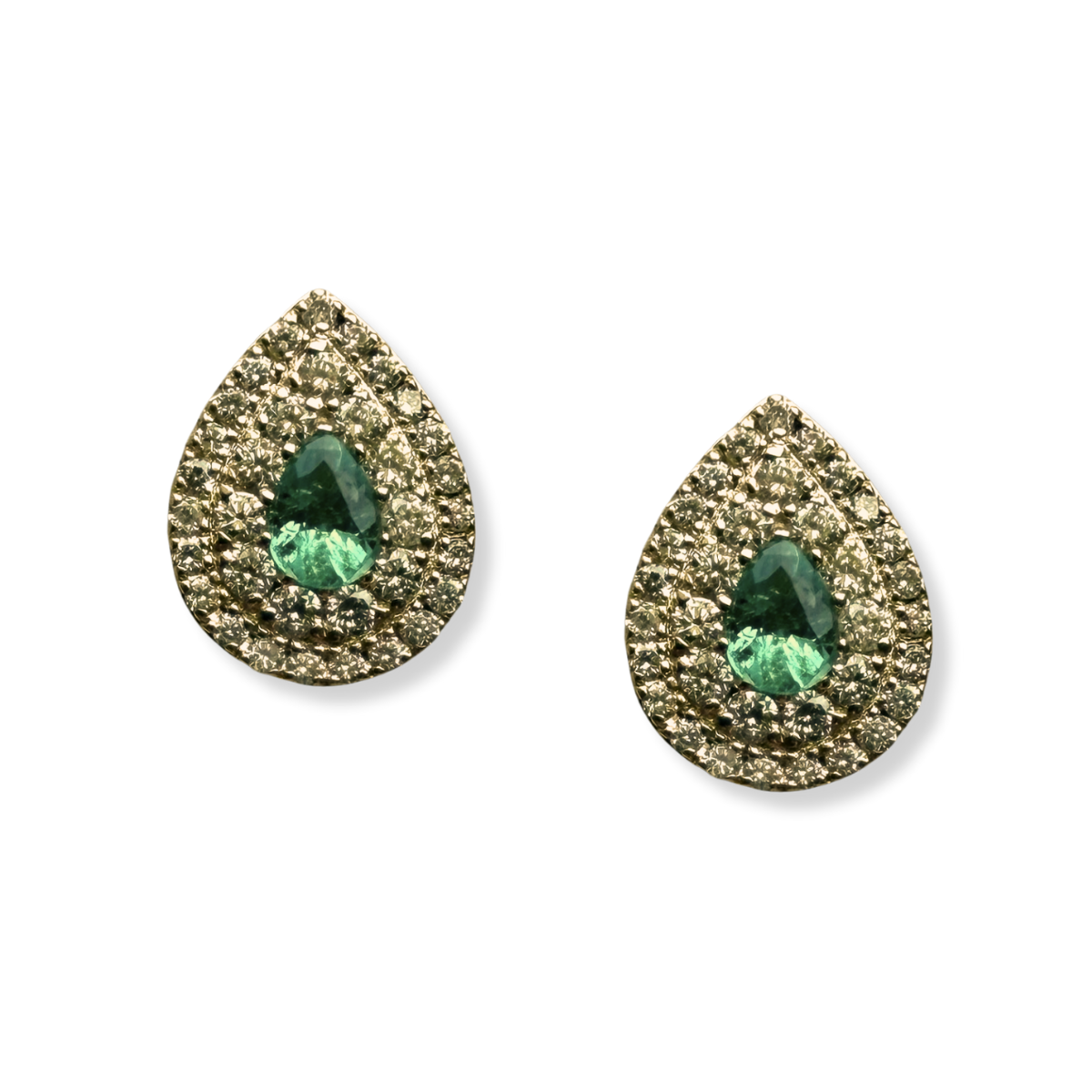 Aretes de oro amarillo 10K con esmeralda corte pera y doble halo de diamantes 0.35ctw