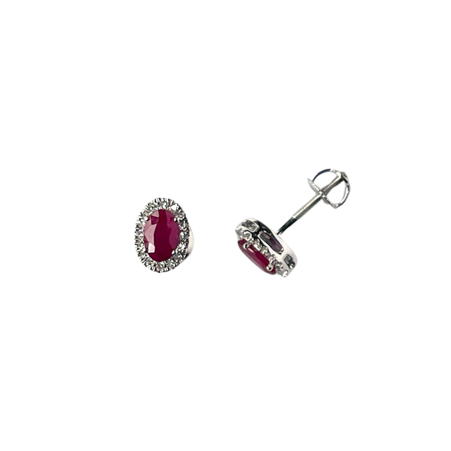 Aretes en oro blanco 14K con rubí y halo de diamantes 0.10ctw