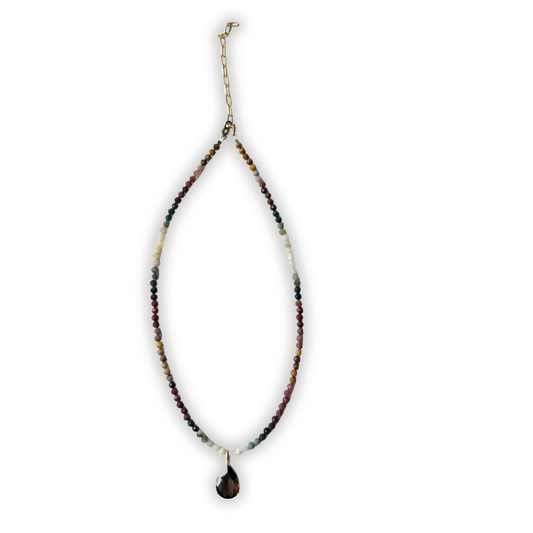 Collar de Jasper multicolor con dije de oro amarillo 14k y cuarzo ahumado corte pera