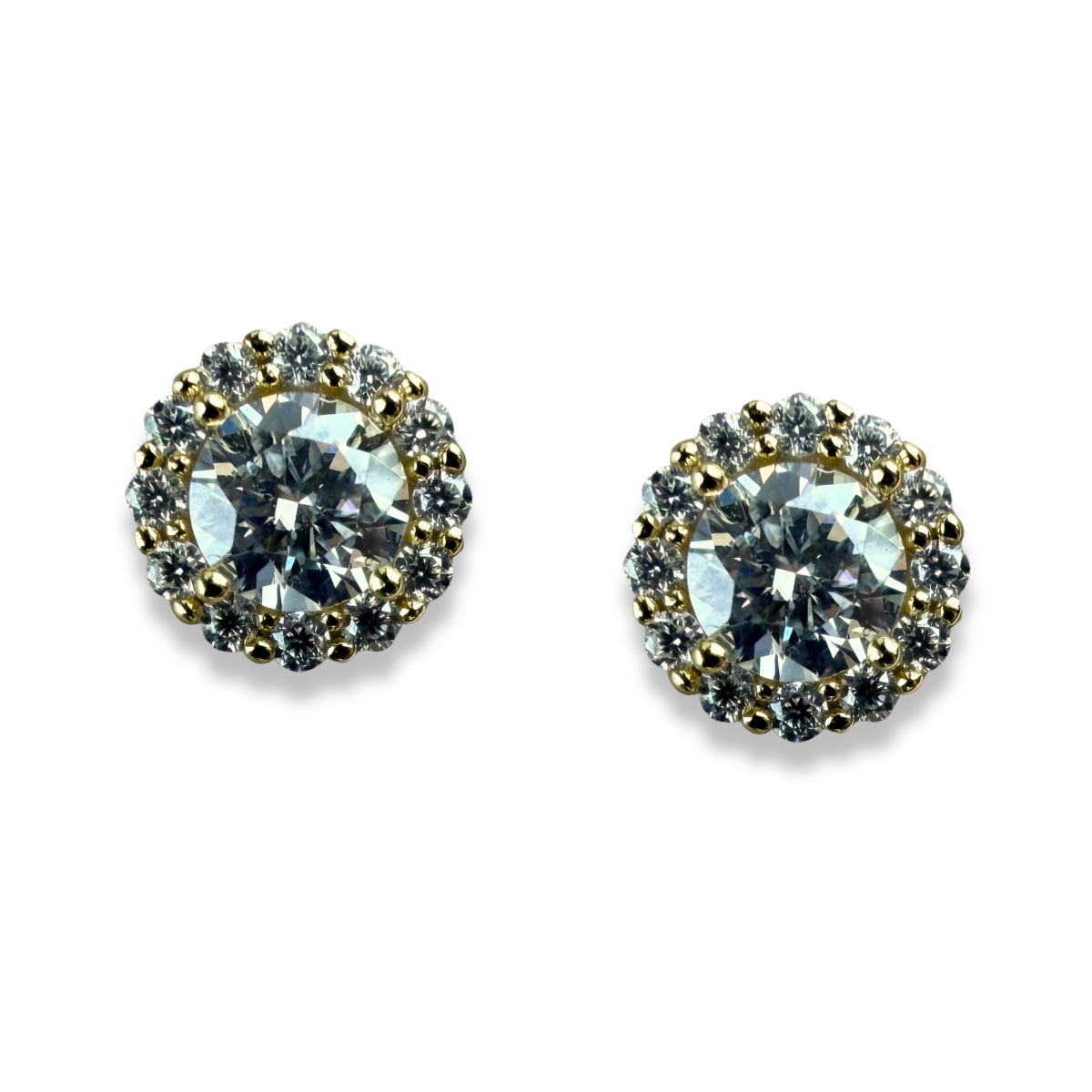 Aretes redondos de moissanita con halo 1.28ctw en plata con baño de oro