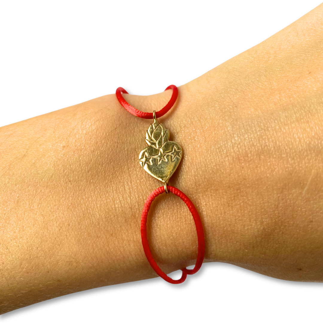 Pulsera Detente dije de Sagrado Corazón de Jesús en plata con baño de oro