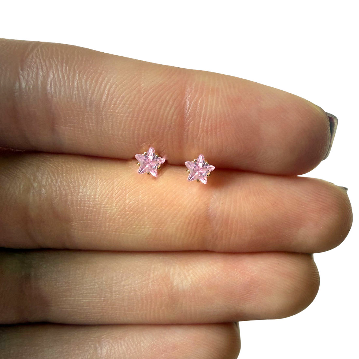 Aretes mini estrella con circón rosado en oro amarillo 14K con tope rosca