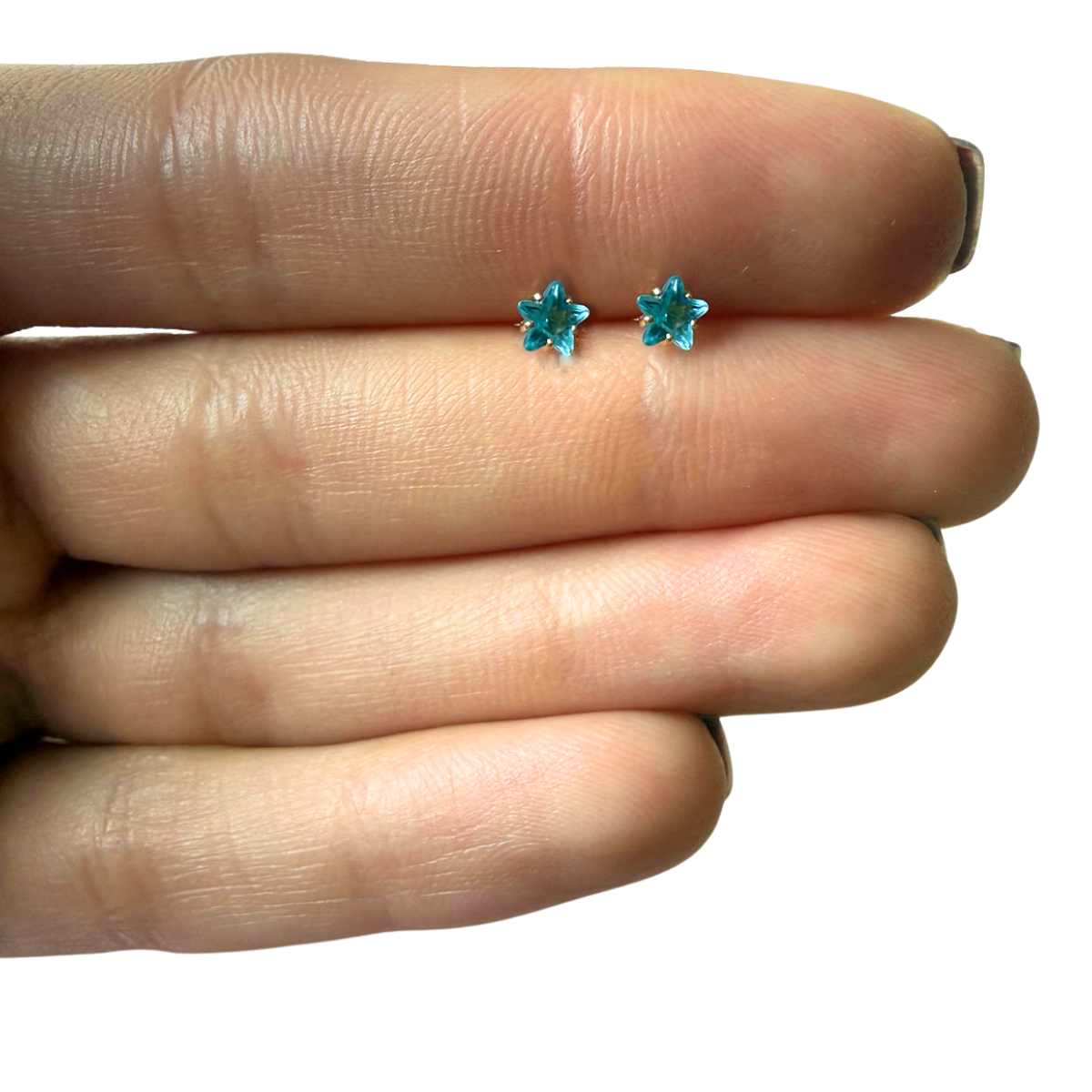 Aretes mini estrella con circón celeste en oro amarillo 14K con tope rosca