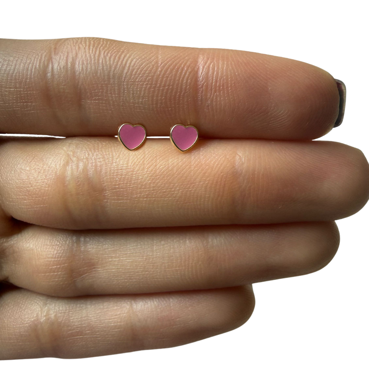 Arete con corazón esmaltado rosa en oro amarillo de 14k con tope rosca