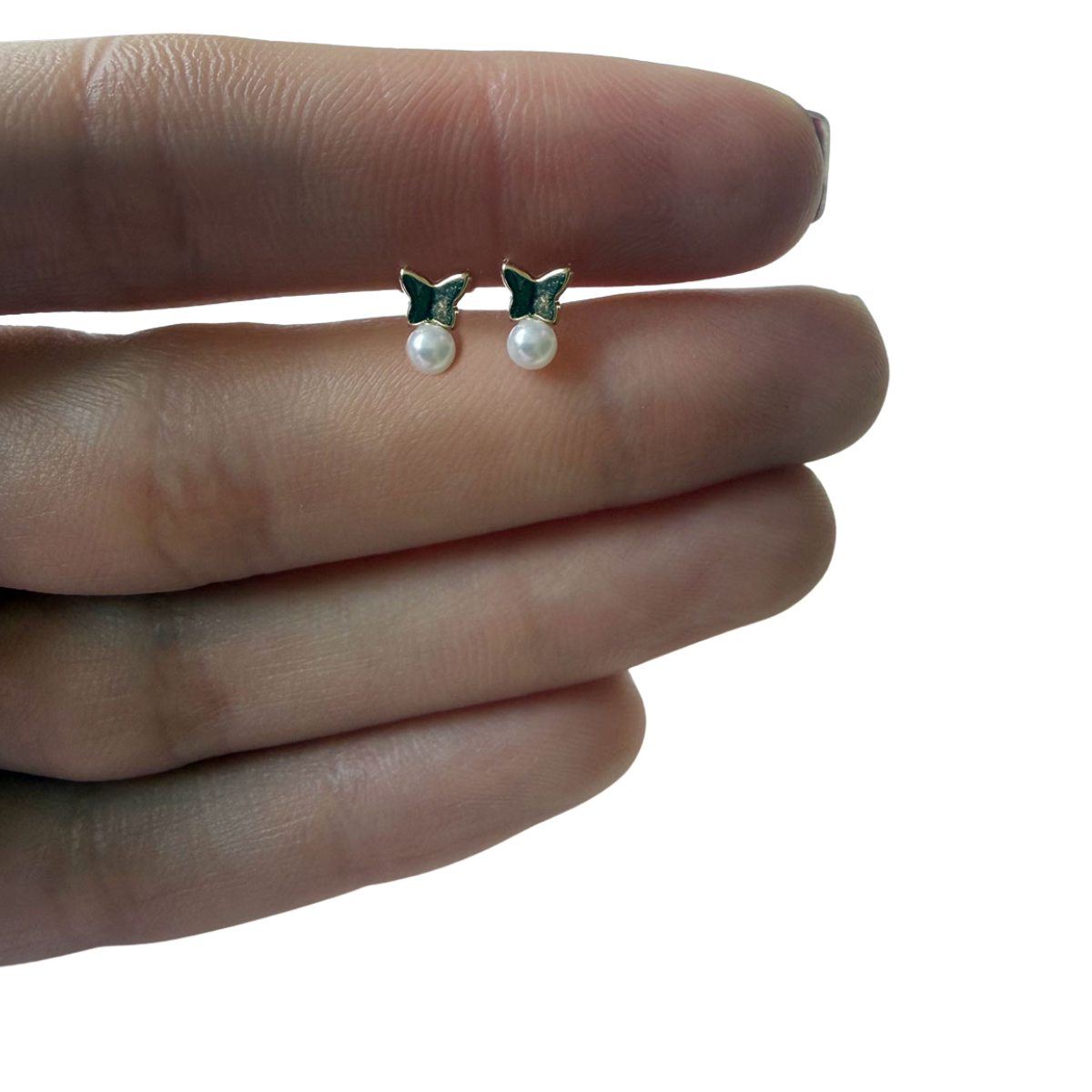 Aretes mariposa con perla en oro amarillo 14K con tope rosca