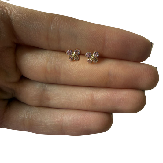 Aretes en oro amarillo 14K con mariposa con circonita rosado y bolita de oro en el centro con tope rosca