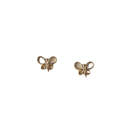 Aretes de mariposa con alas de madre perla y tope rosca en oro amarillo de 14K