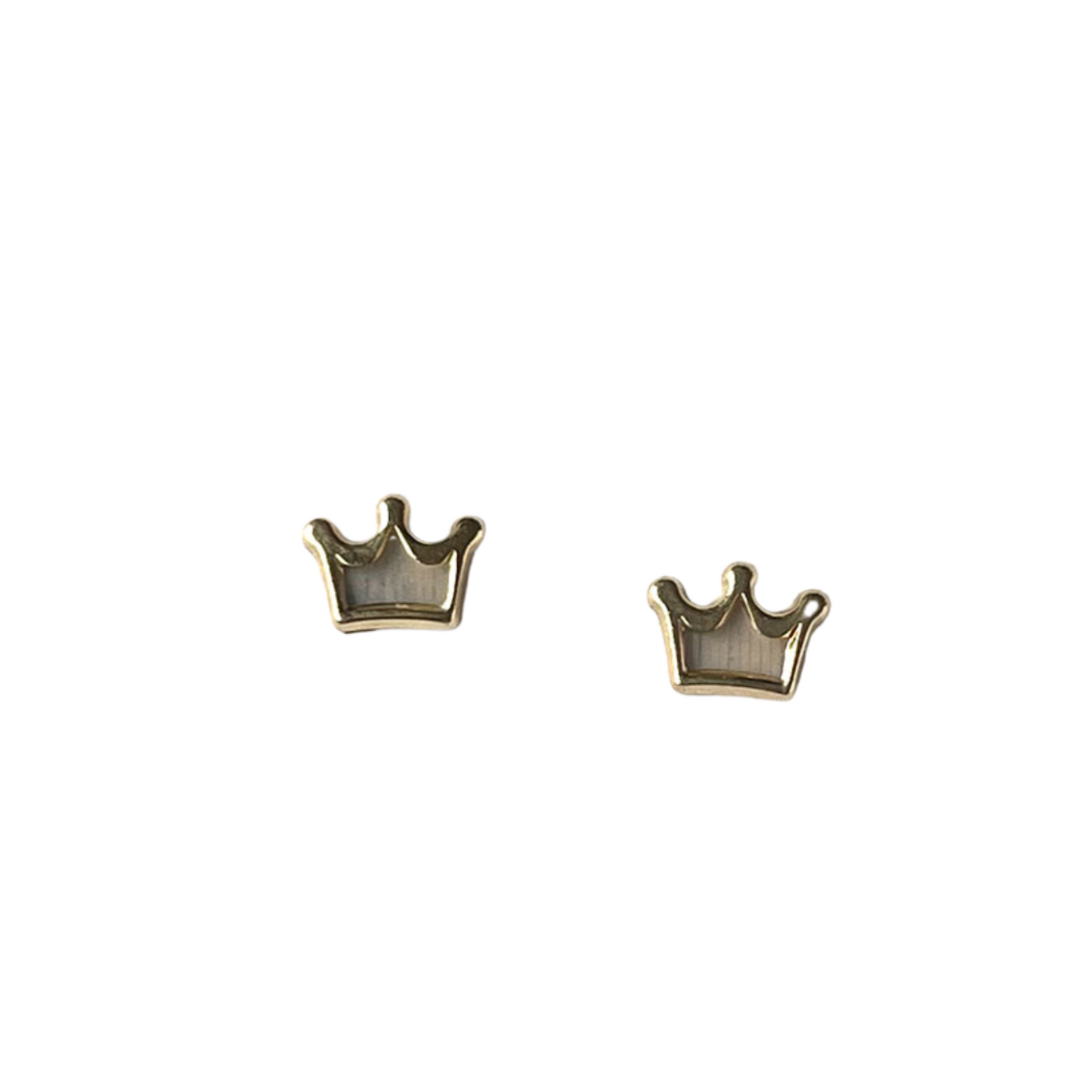 Aretes en oro amarillo 14k en forma de corona de madre perla con tope tornillo