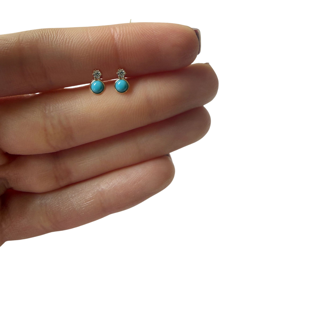 Aretes con turquesa biselada y circonita redonda abajo en en oro amarillo 14K con tope rosca