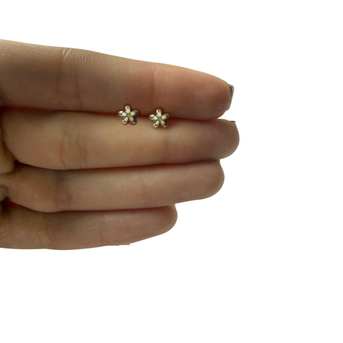 Aretes margaritas blancas en oro amarillo 14K con tope rosca