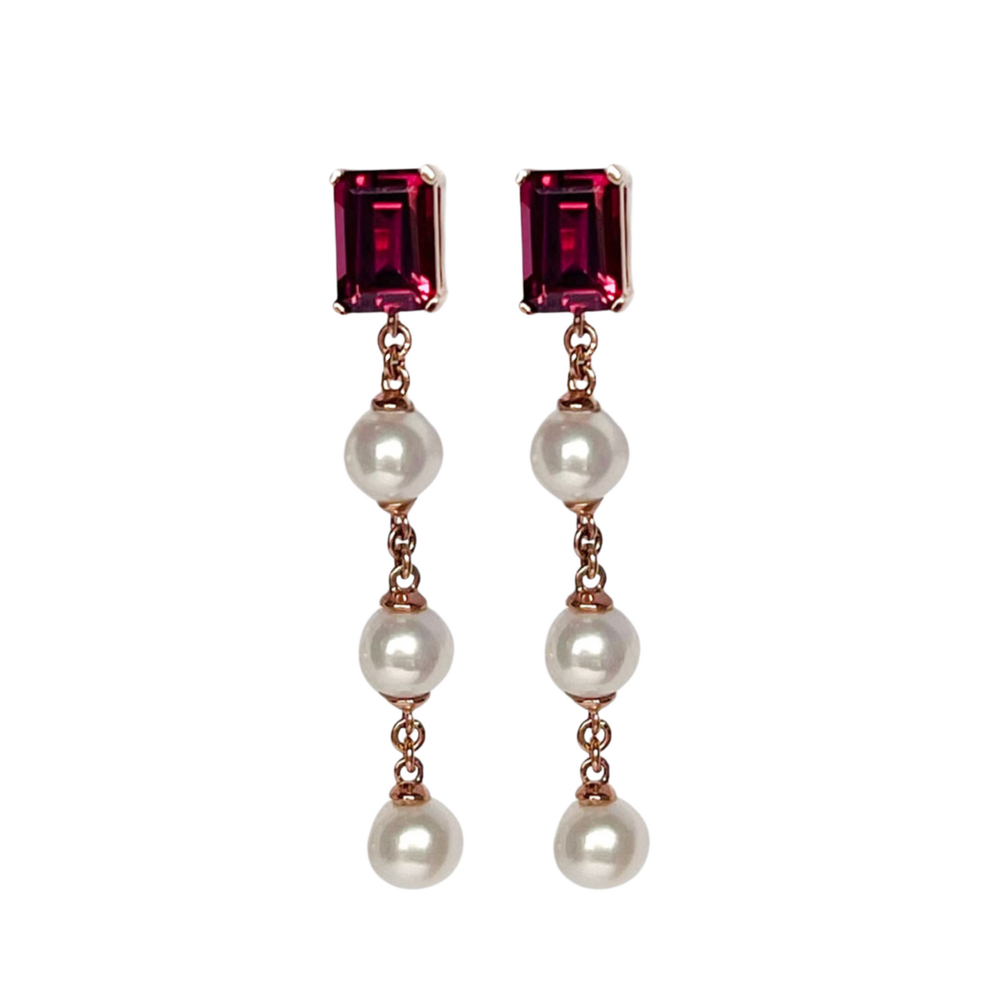 Aretes en oro rosa 10k con granate rodolita y perlas