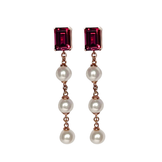 Aretes en oro rosa 10k con granate rodolita y perlas