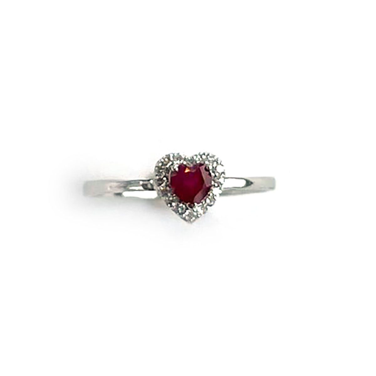 Anillo en oro blanco 14K con corazón de rubí 0.30ct y diamantes 0.08ctw