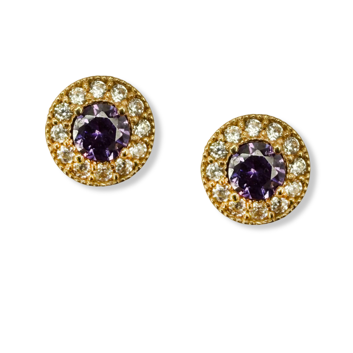 Arete en oro amarillo 14k con circonita morada y Halo con tope rosca