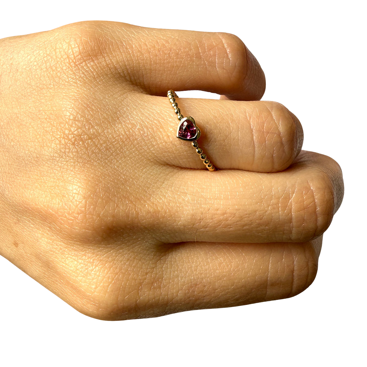 Anillo en oro amarillo 14k con aro de bolitas y turmalina rosa corazón 0.16ct
