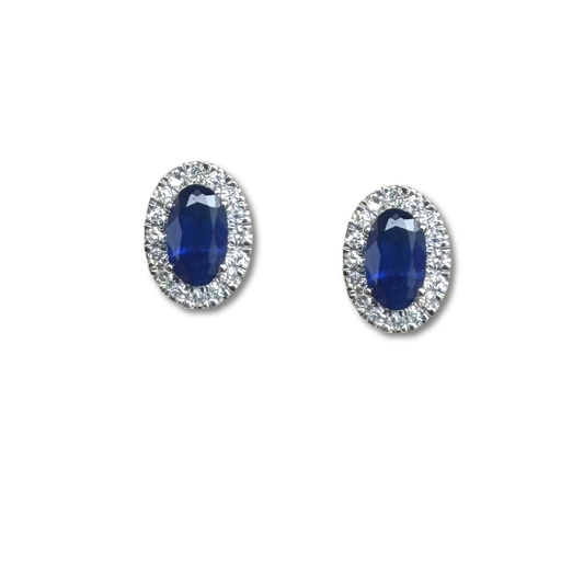 Aretes en oro blanco 14K con zafiro y halo de diamantes 0.10ctw