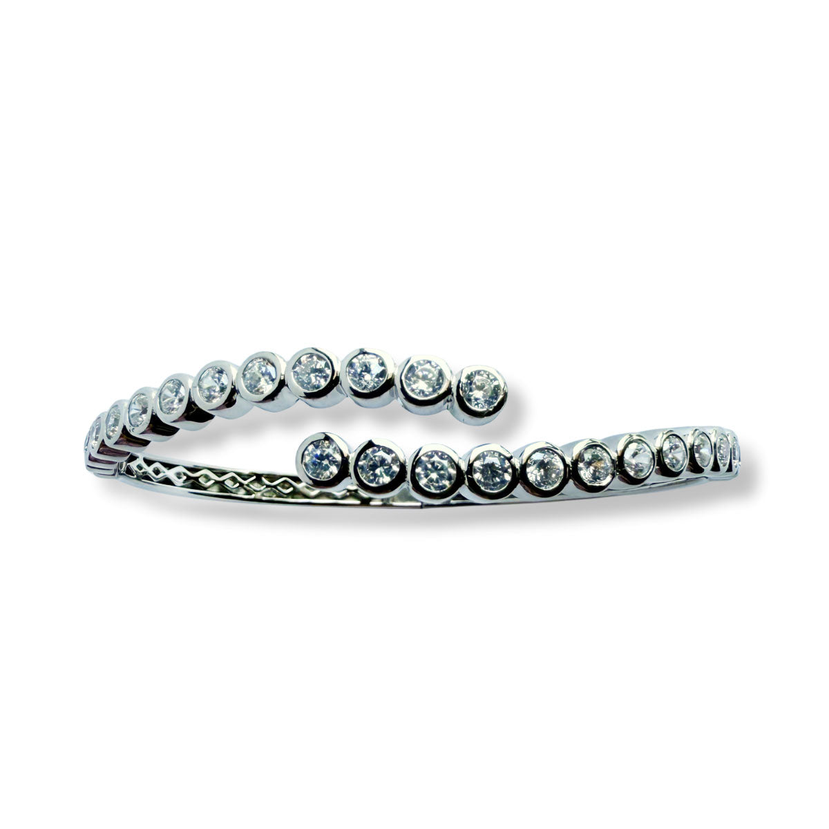 Pulsera de plata con circonitas redondas biseladas con mecanismo de bisagra