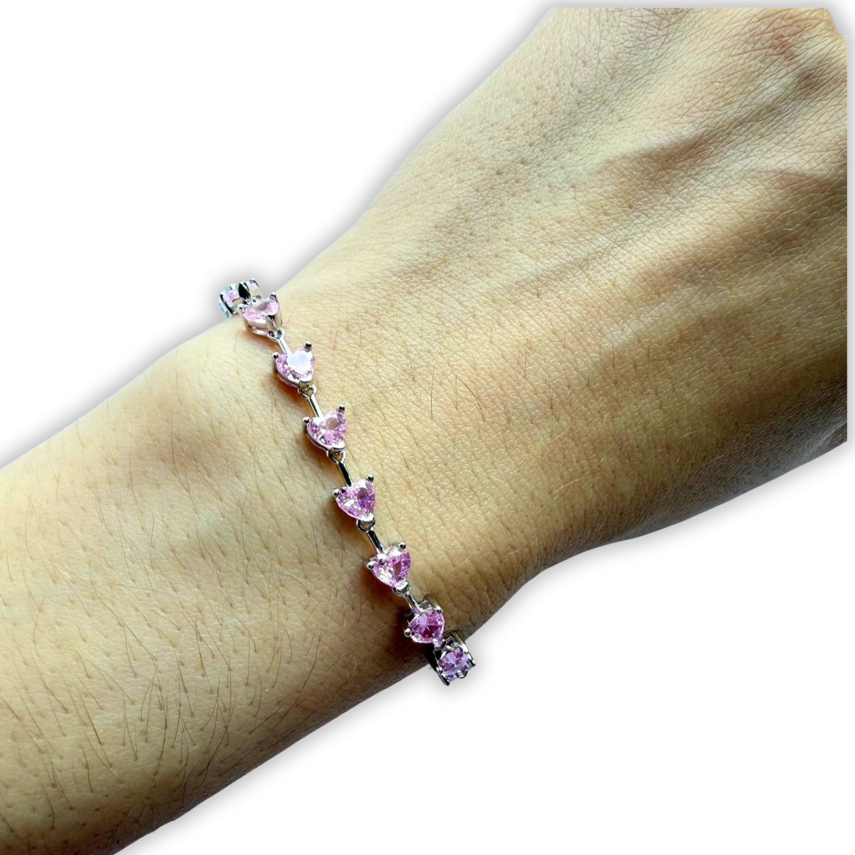 Pulsera de zafiros rosados de laboratorio en forma de corazón en plata