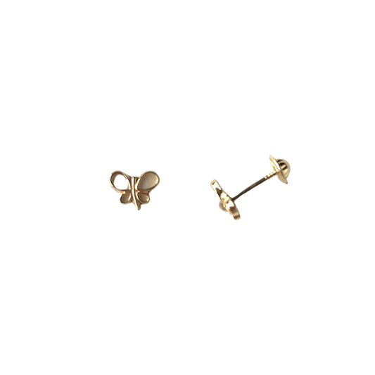 Aretes de mariposa con alas de madre perla y tope rosca en oro amarillo de 14K