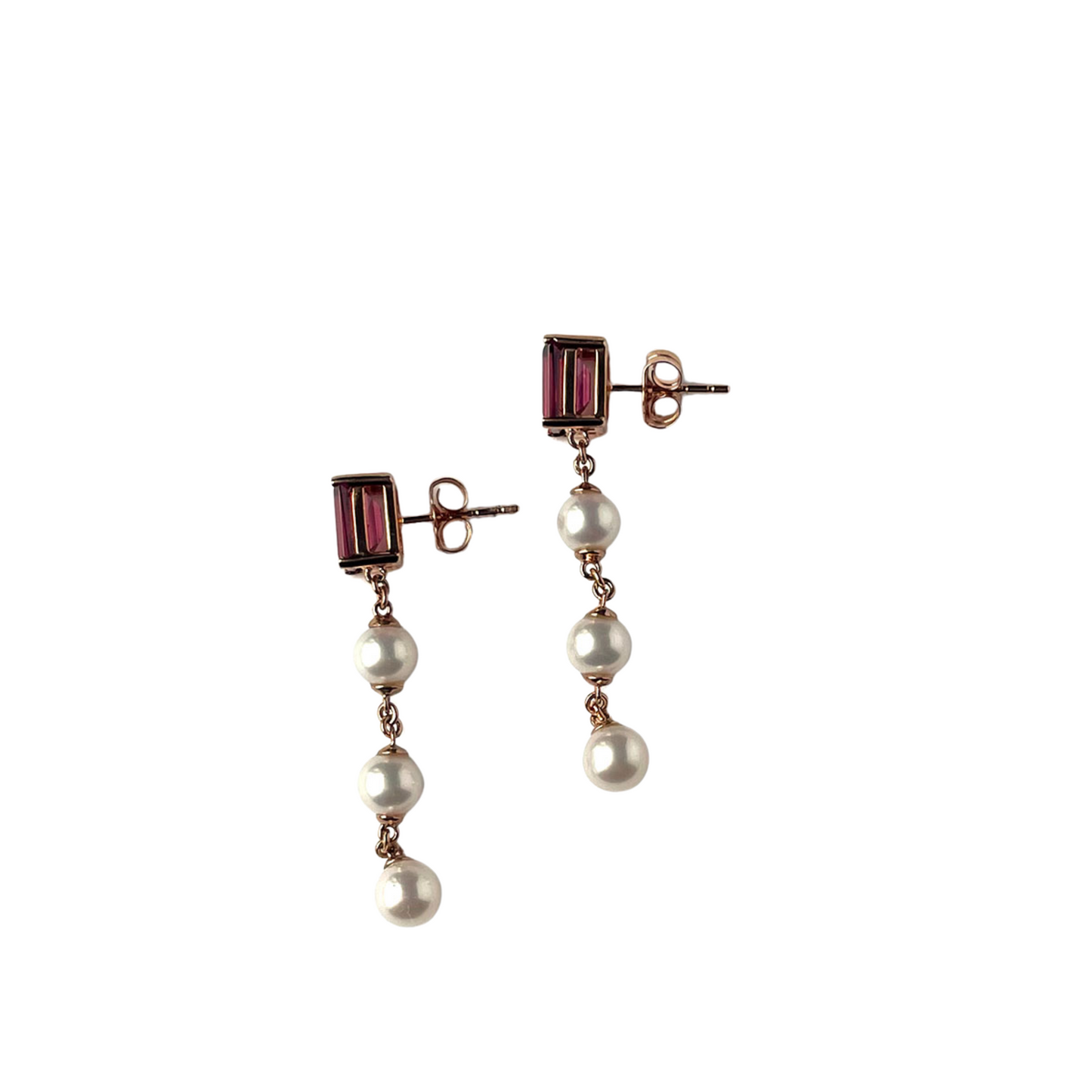 Aretes en oro rosa 10k con granate rodolita y perlas