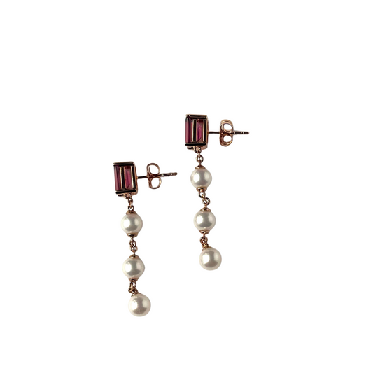 Aretes en oro rosa 10k con granate rodolita y perlas