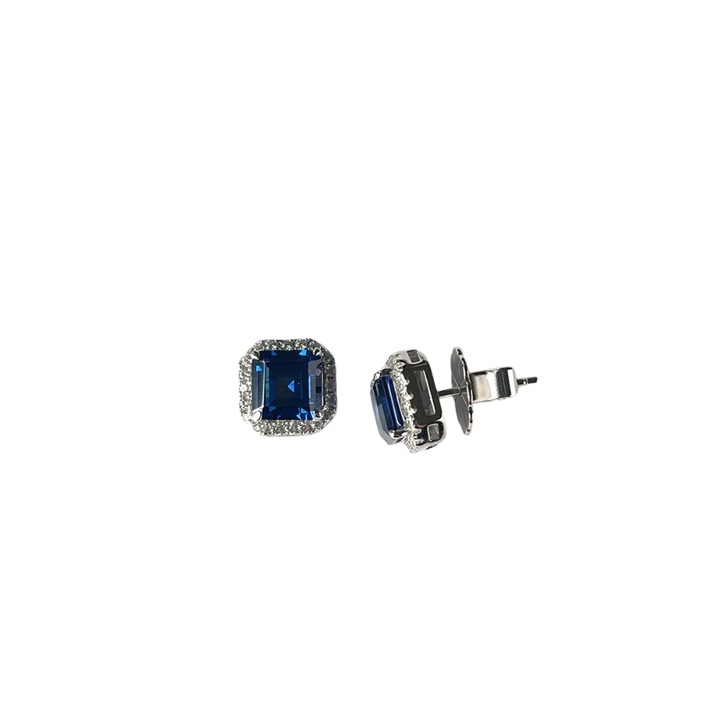 Aretes de plata con circonita cuadrada azul y halo de circonitas blancas