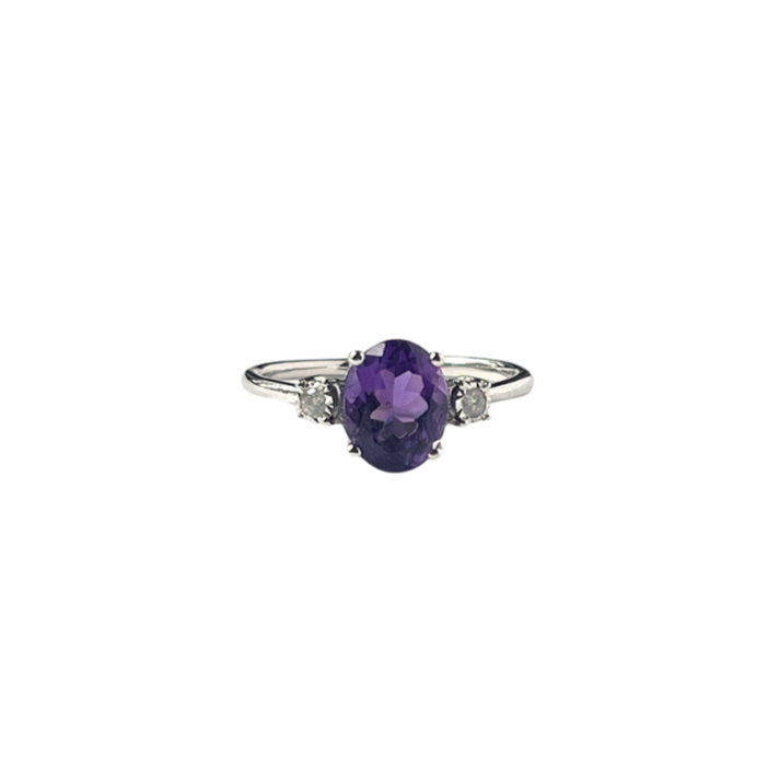 Anillo en oro blanco 10k con Amatista y diamantes 0.06ctw