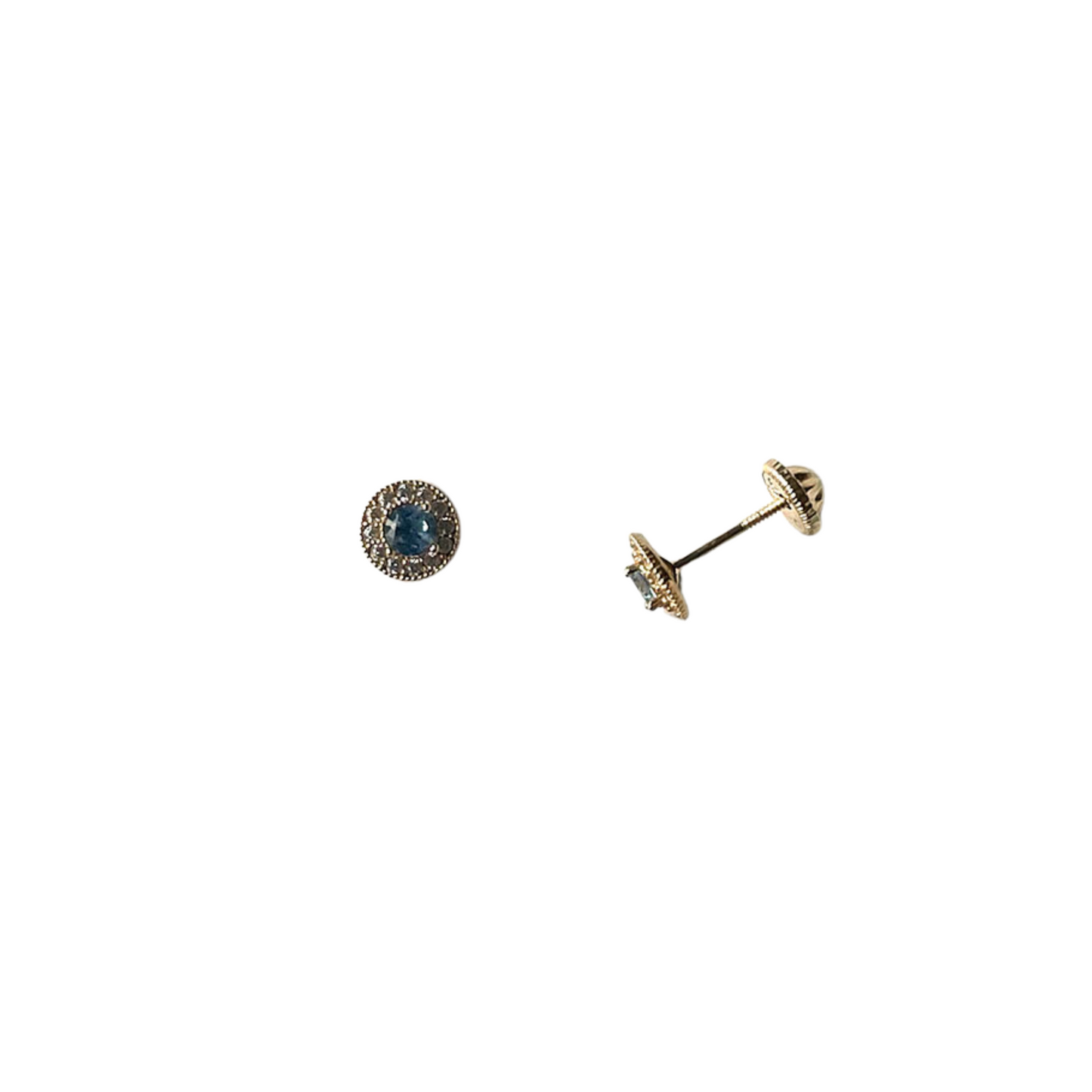 Arete en oro amarillo 14k con circonita azul y Halo con tope rosca