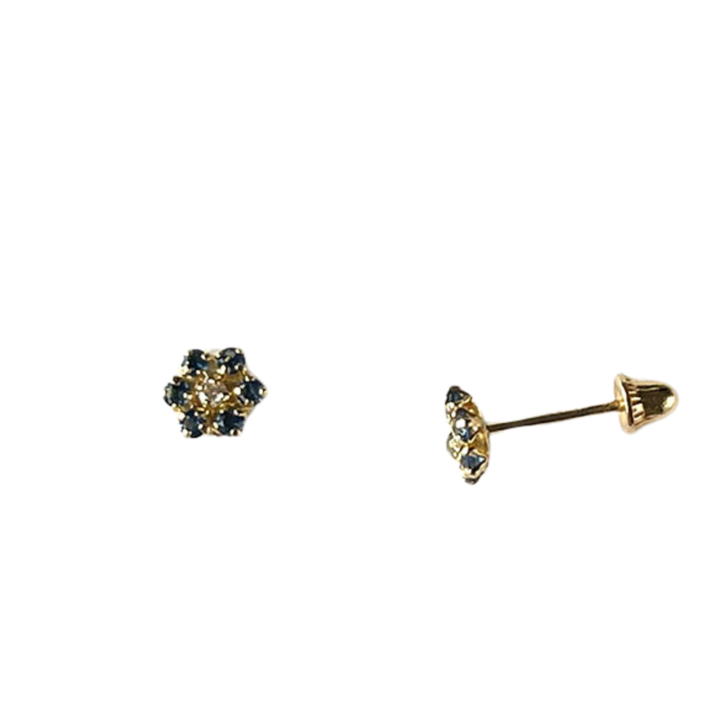 Aretes en oro amarillo 14k con flor de circonitas celestes de 6 petalos