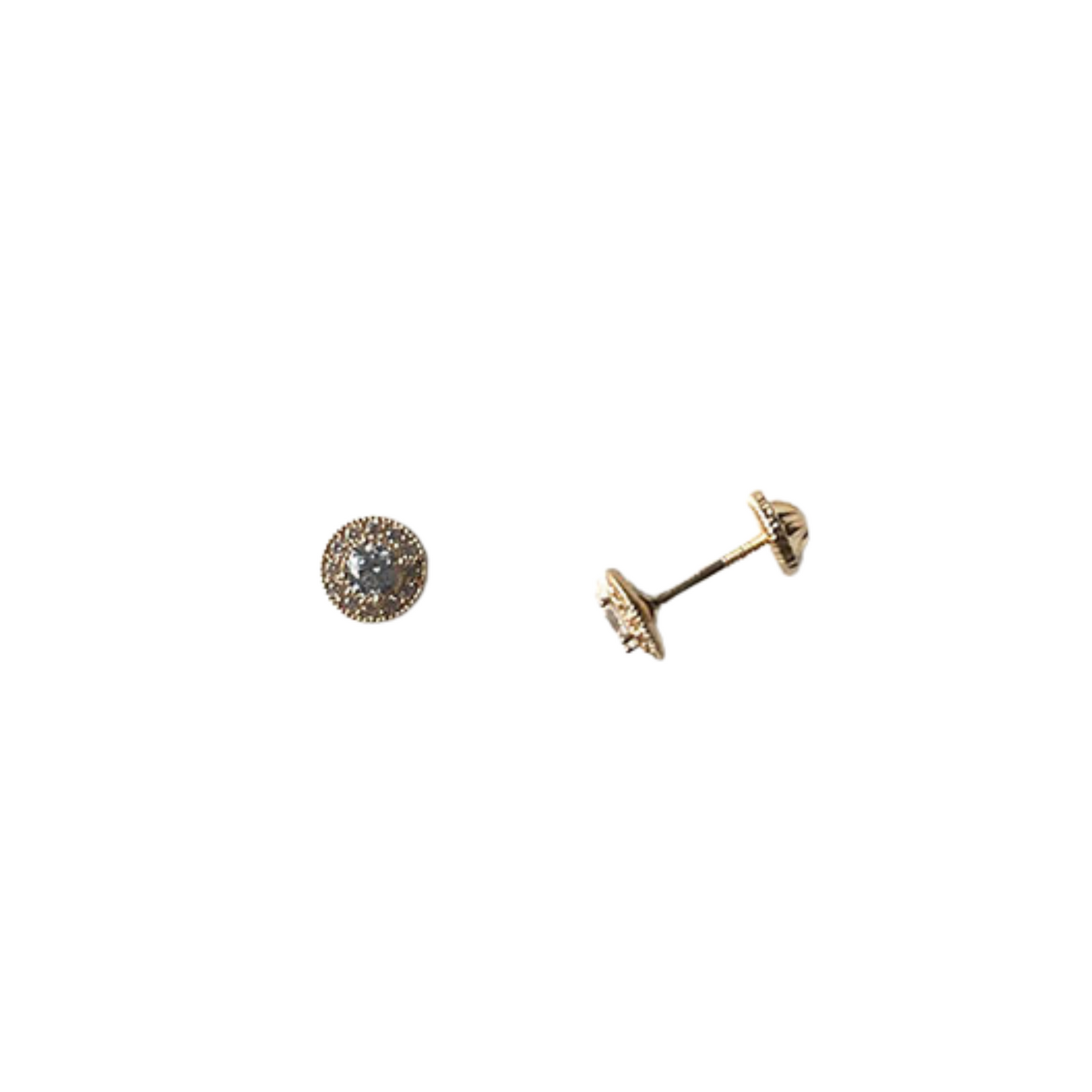 Arete en oro amarillo 14k con circonita blanca y halo con tope rosca