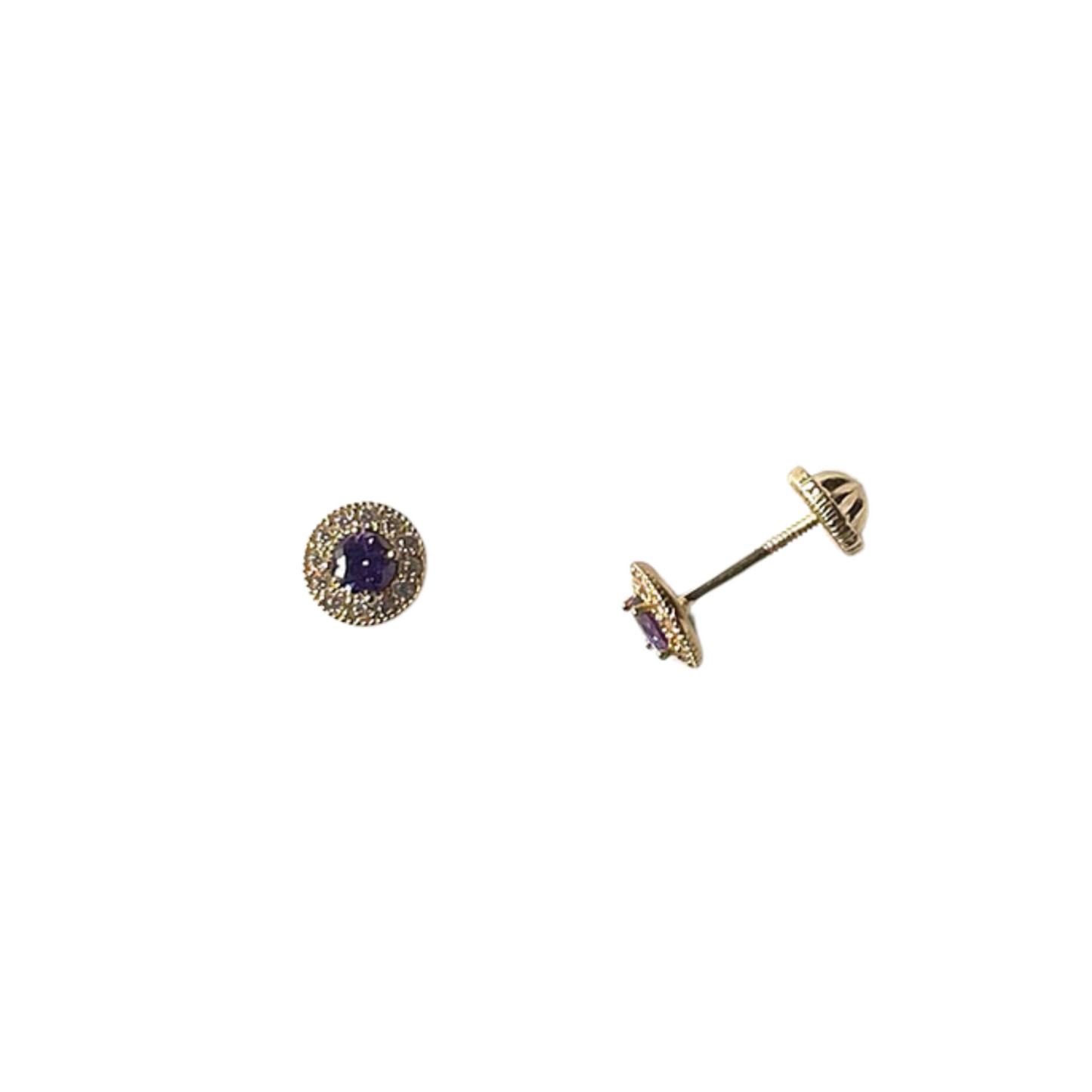 Arete en oro amarillo 14k con circonita morada y Halo con tope rosca