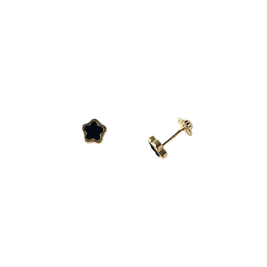 Aretes en oro amarillo 14k con flor pequeña de onyx
