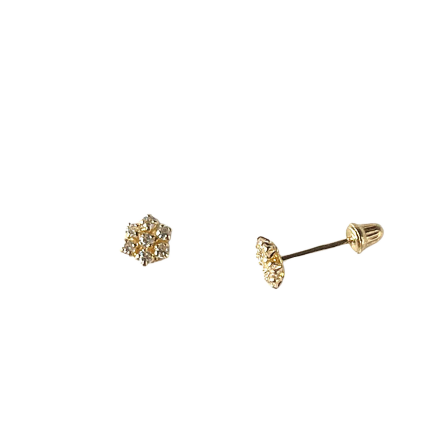 Aretes en oro amarillo 14k con flor de circonitas blancas de 6 petalos