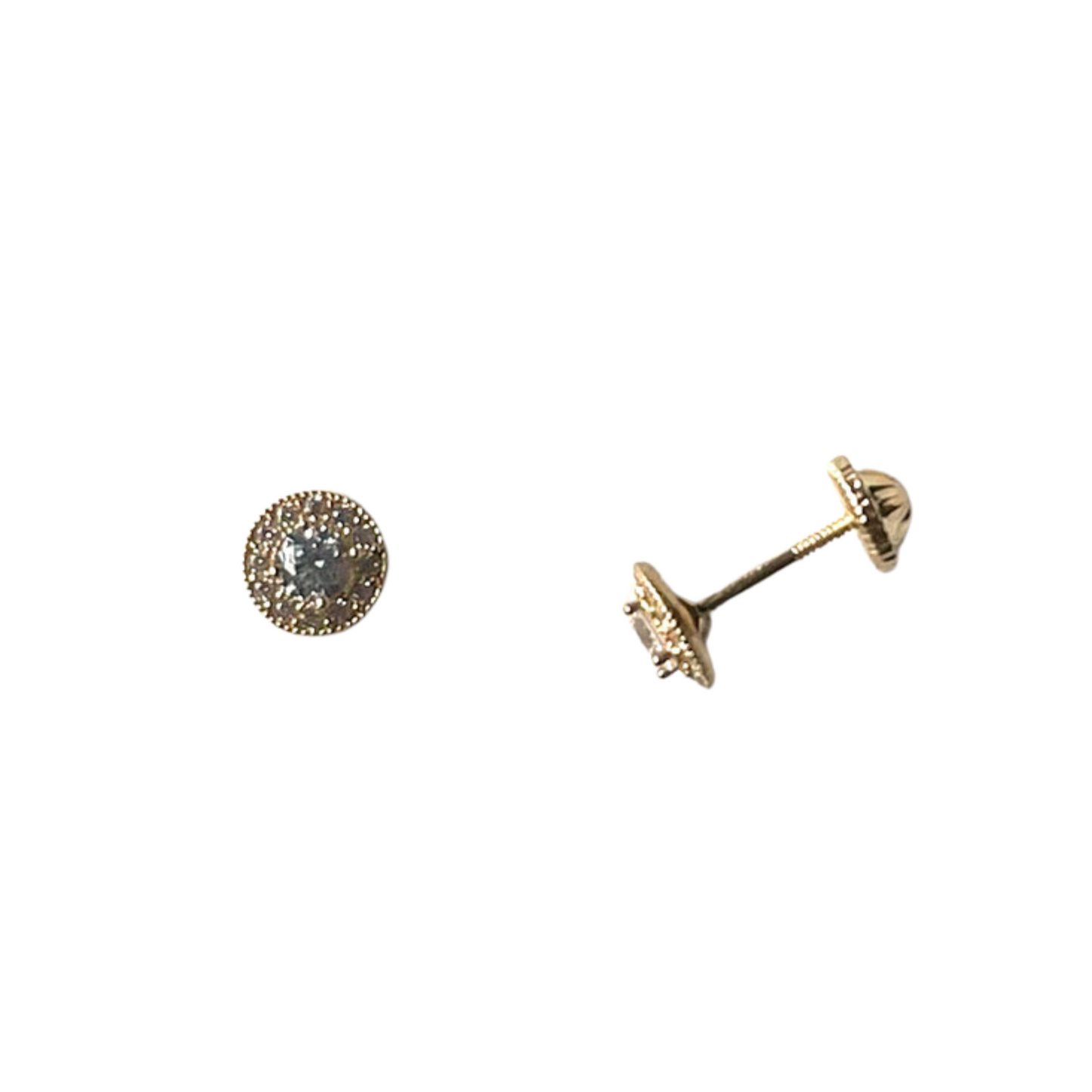 Arete en oro amarillo 14k con circonita celeste y Halo con tope rosca