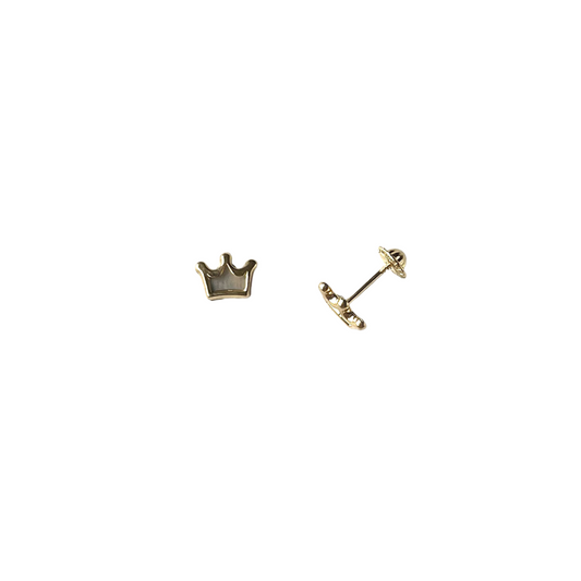 Aretes en oro amarillo 14k en forma de corona de madre perla con tope tornillo