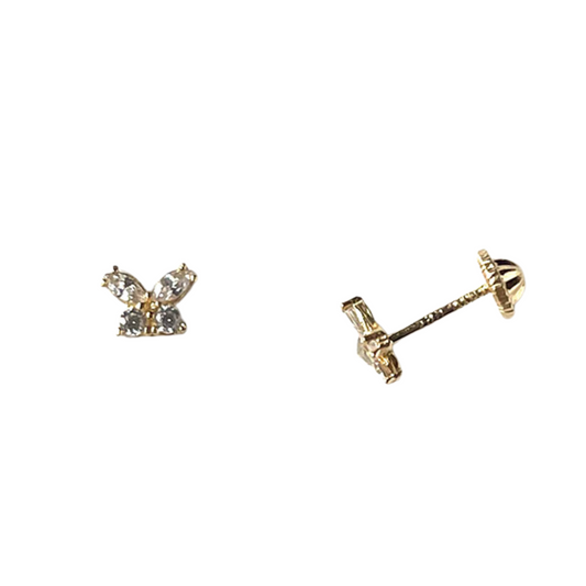 Aretes en oro amarillo 14k en forma de mariposa con circonita blancas