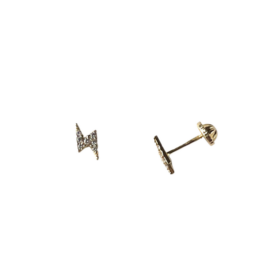 Aretes en oro amarillo 14k en forma de rayo con circonitas y tope tornillo