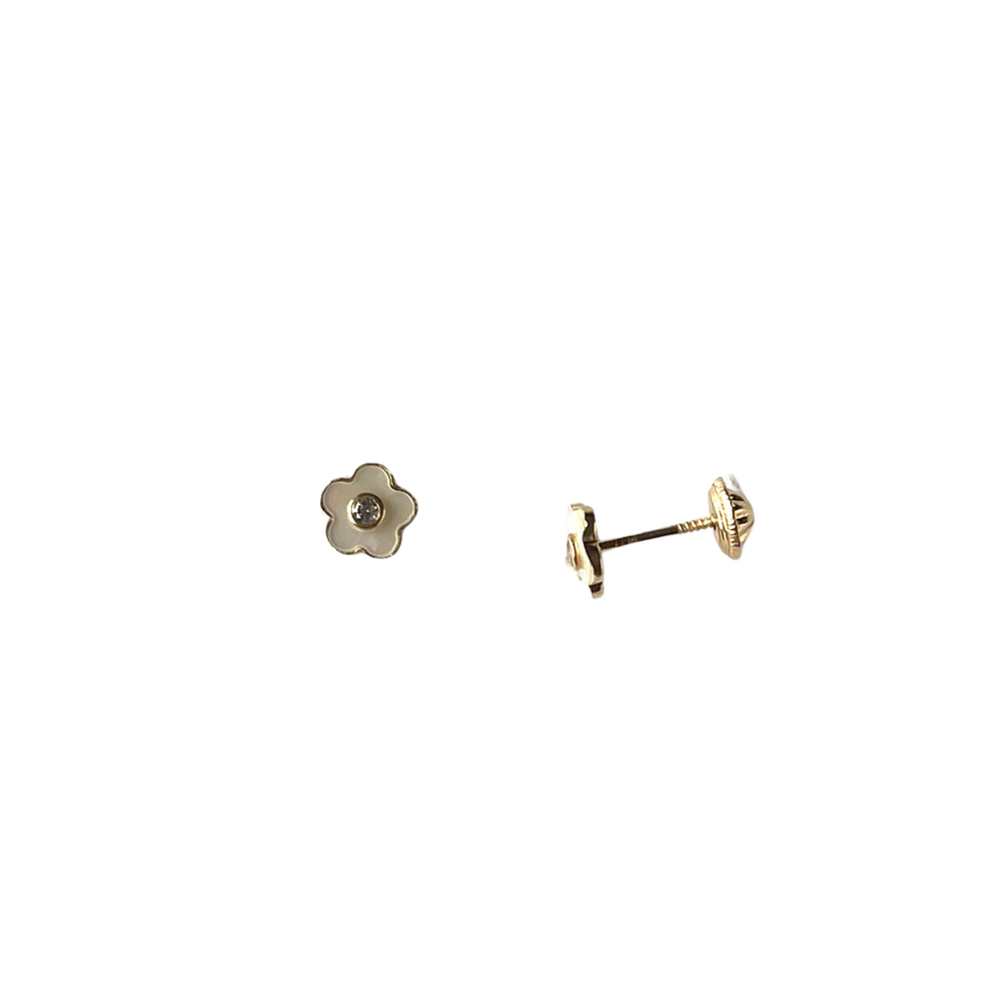 Aretes en oro amarillo 14K con flor de madre perla y centro de circonita con tope rosca