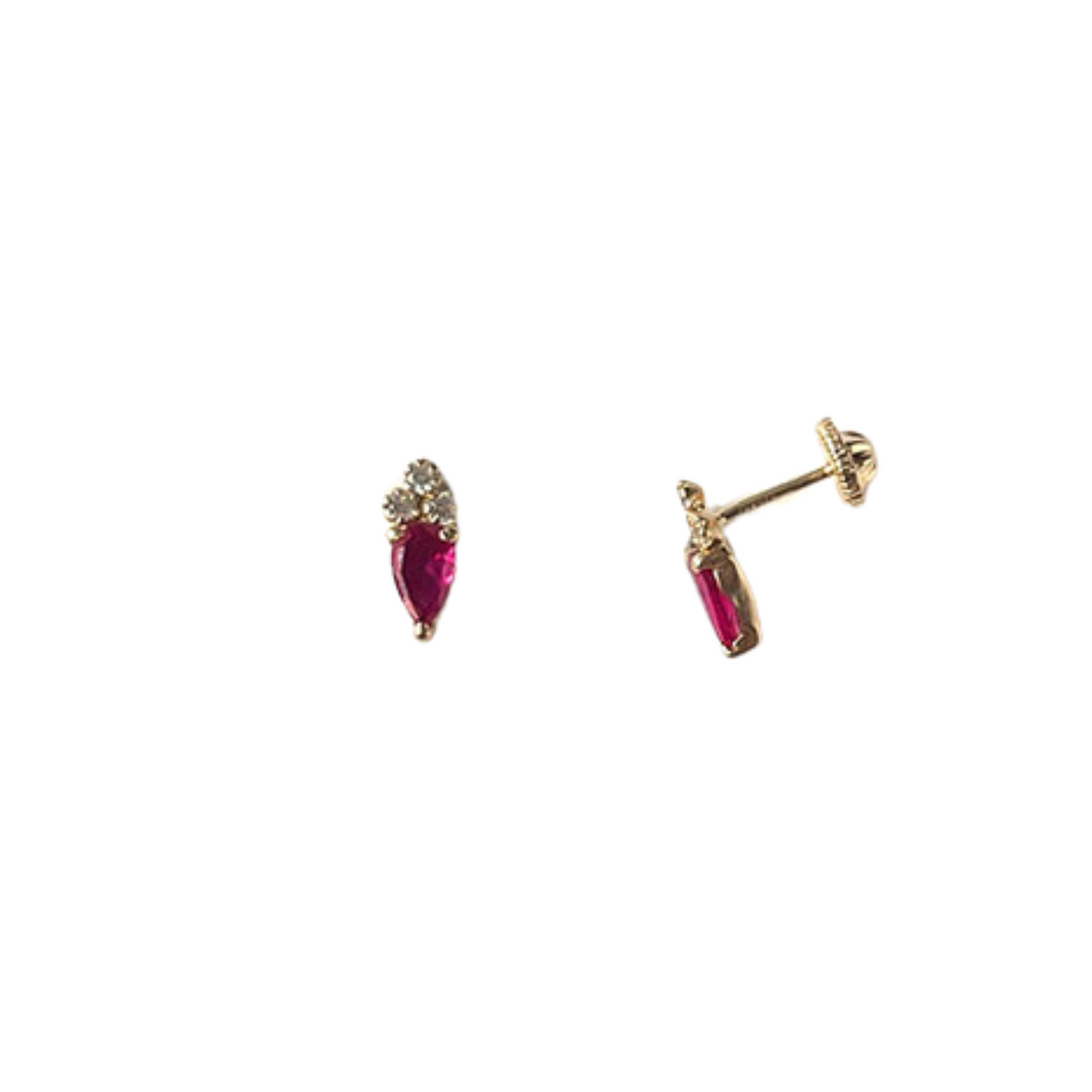 Aretes en oro amarillo 14k con circonita roja corte pera y 3 circonitas blancas y tope tornillo