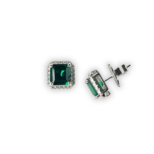 Aretes de plata con circonita cuadrada verde y halo de circonitas blancas