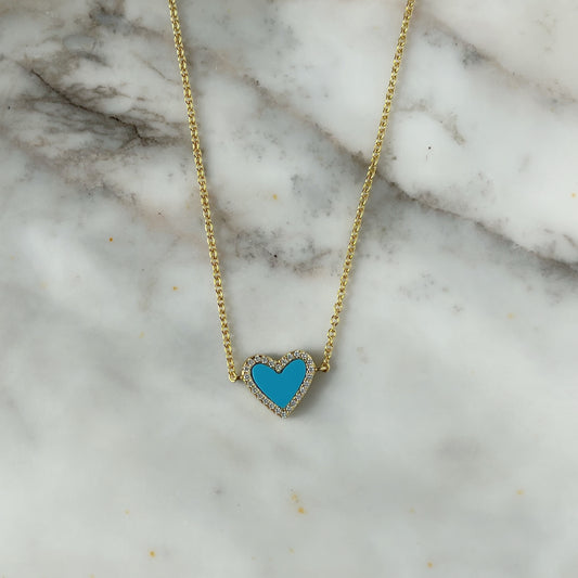 Collar con corazón de turquesa y circonitas en plata con baño de oro