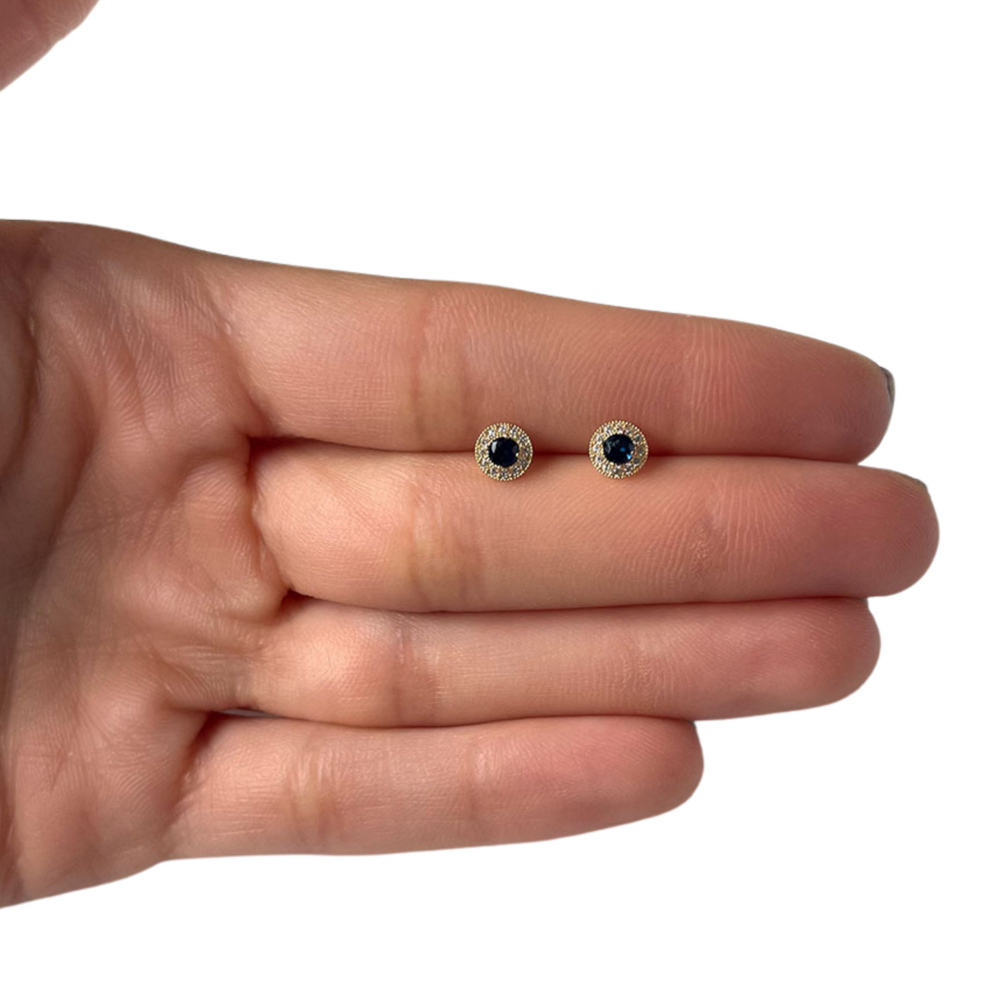Arete en oro amarillo 14k con circonita azul y Halo con tope rosca