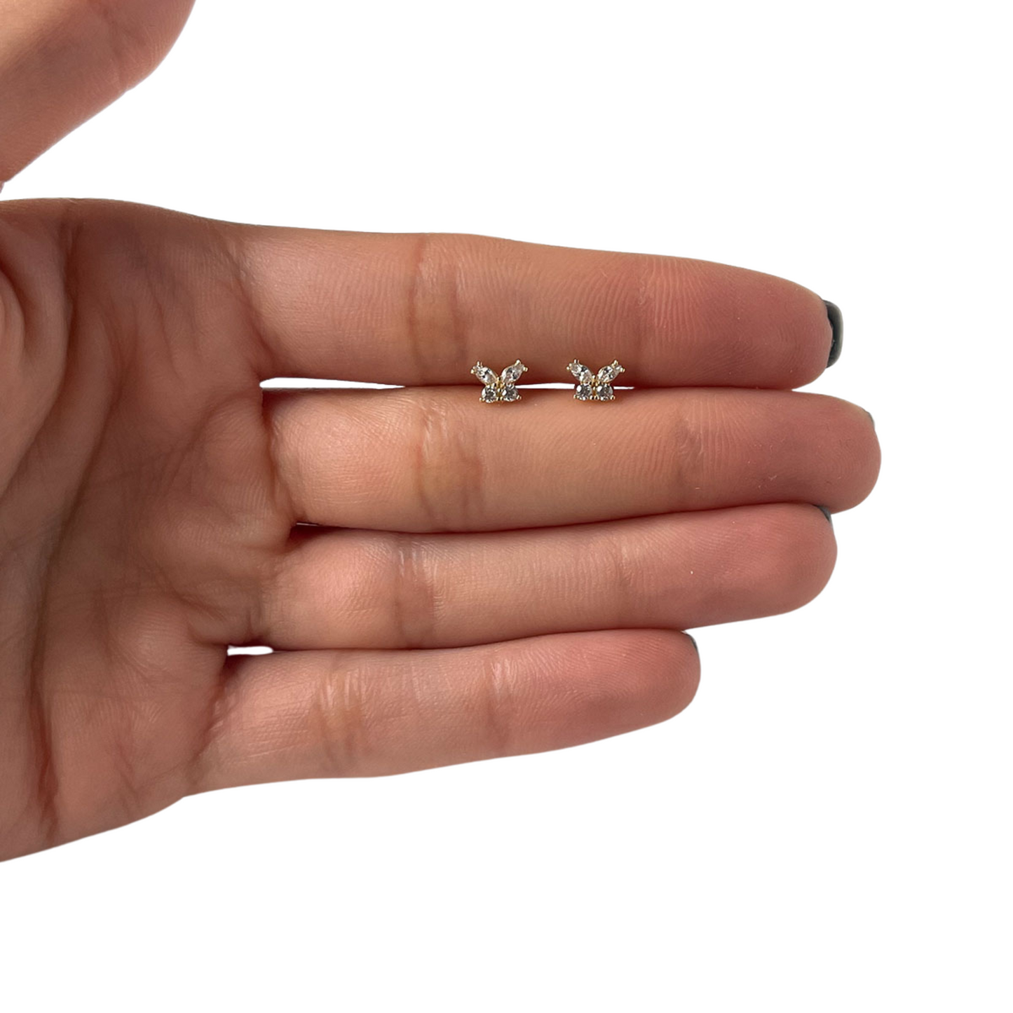 Aretes en oro amarillo 14k en forma de mariposa con circonita blancas