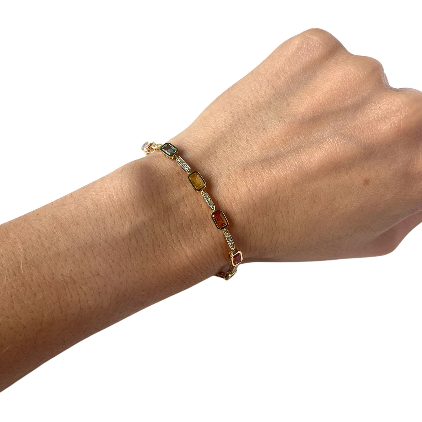 Pulsera en oro amarillo 14k con zafiros multicolor 8ctw y diamantes 0.65ctw