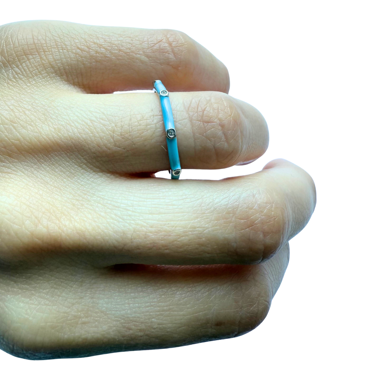 Anillo de plata con esmalte celeste y zafiros blancos