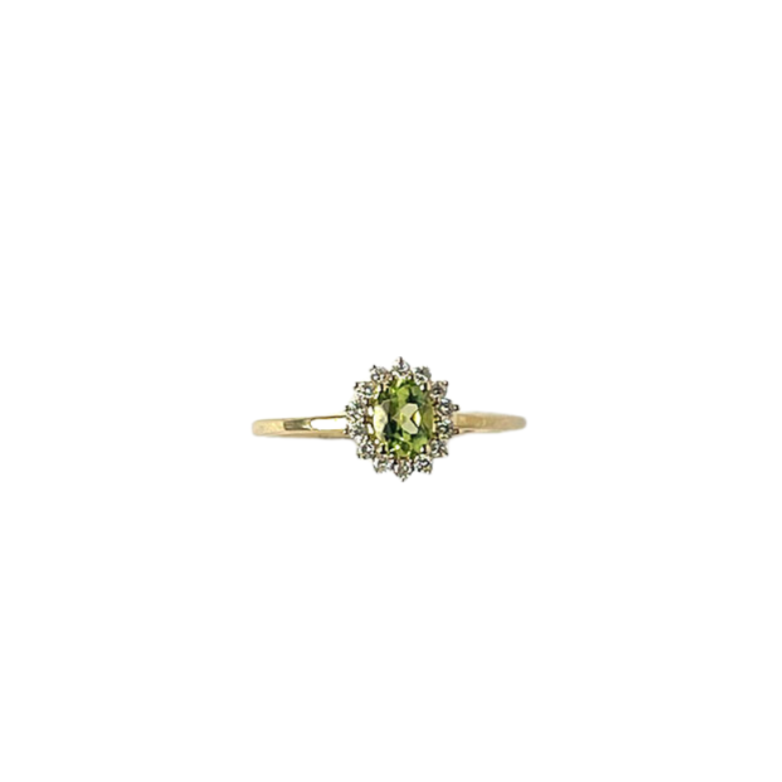 Anillo en oro amarillo 10k con peridot y halo de diamantes 0.11 ctw